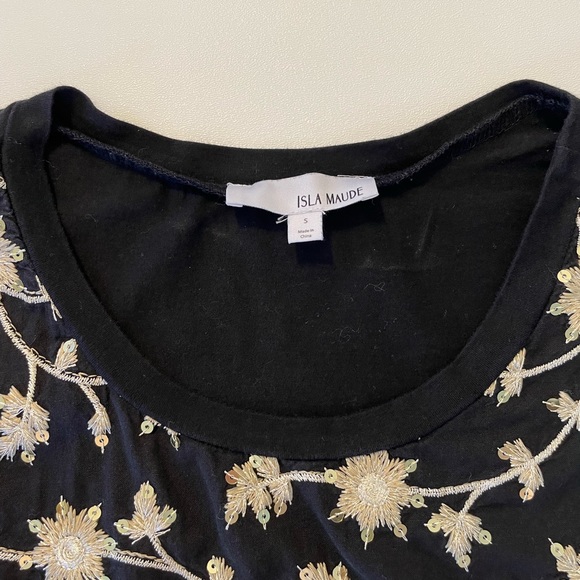 Isla Maude Gold Embroidered Sequins Floral Ruffled 3/4 Sleeve Top Women’ Size S - Picture 5 of 6